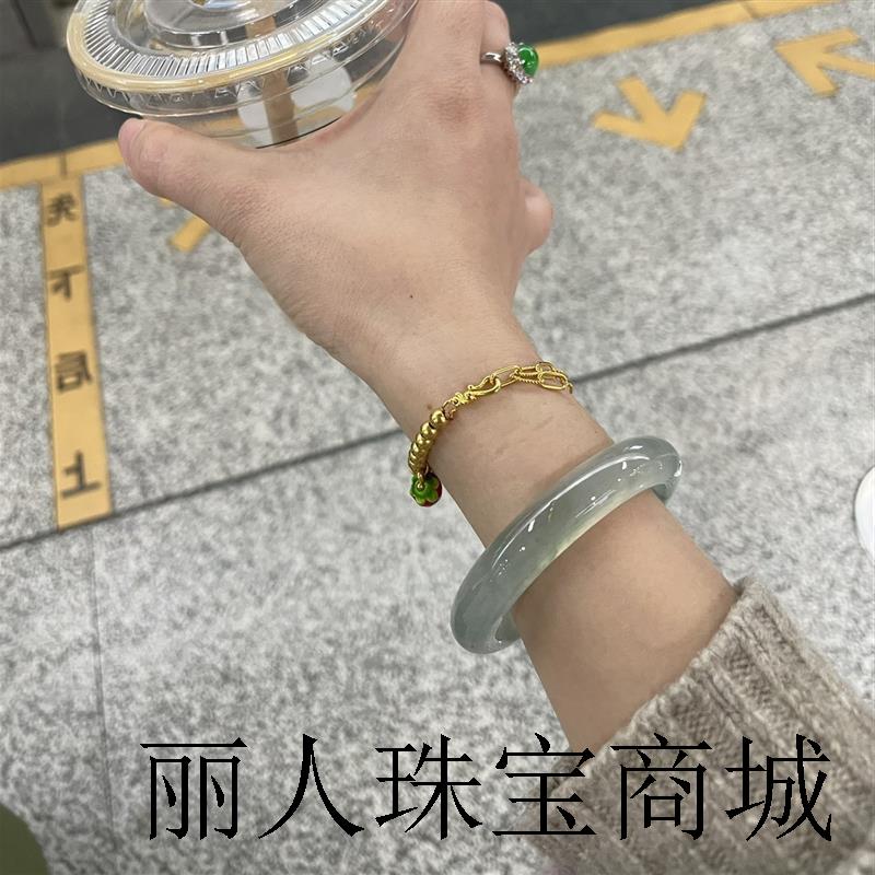 冰种飘绿玉髓玛瑙手镯飘花玉镯子玻璃种通透翡翠色正圈手镯少女款