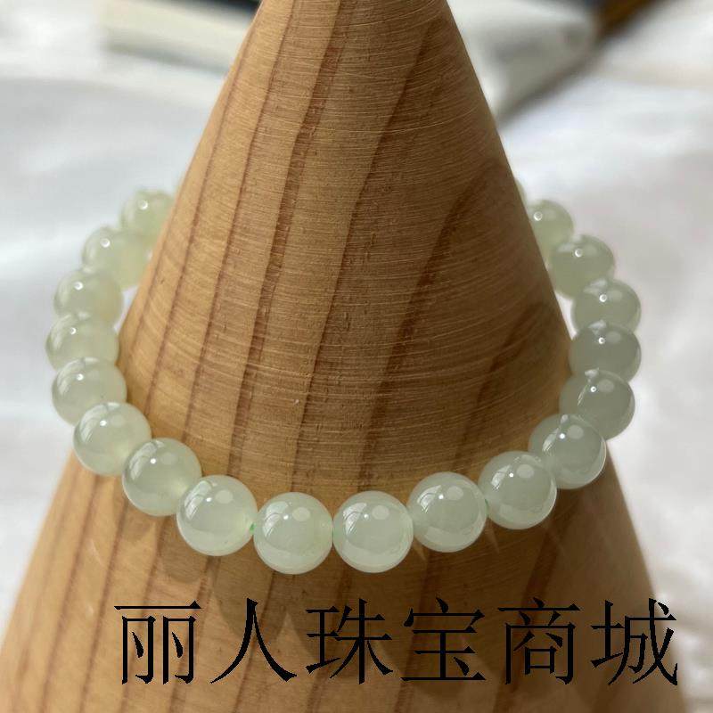 天然和田玉手串女款青海料晴水青白玉手镯玉石珠子金散珠串珠手链