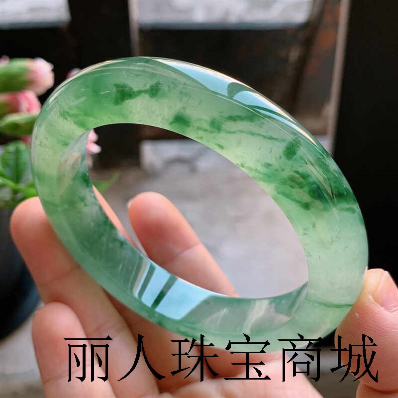 缅甸老坑翡翠色手镯正圈贵妃高冰种飘绿花胖圆条冰透玉石镯子证书