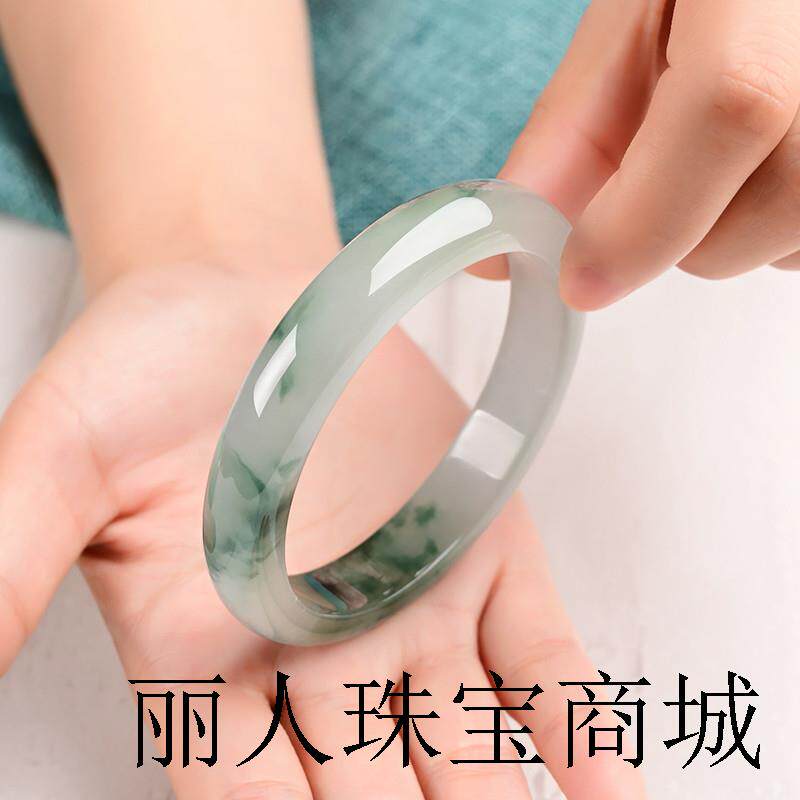 老坑翡翠冰种飘花玉镯缅甸处理女款玉手镯大圈口冰糯种贵妃镯送礼