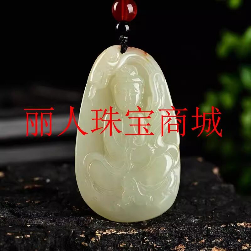原创设计新疆和田玉籽料观音吊坠白玉男款立体沁黄皮观世音牌挂件