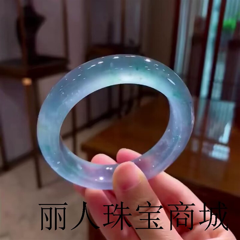 缅甸老坑正品翡翠玉手镯子圆条七彩冰透飘花玻璃种蓝水晴水正圈镯