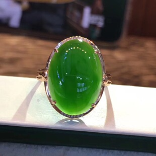 新疆天然和田玉碧玉戒指18K金镶嵌菠菜绿玉石指环女款正品玉板指