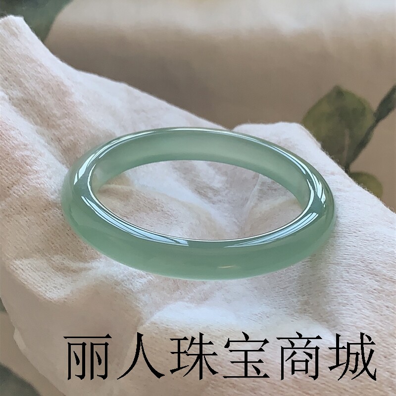 天然玛瑙高冰晴水绿玉髓扁条平安手镯油青绿少女马料玉石镯子证书