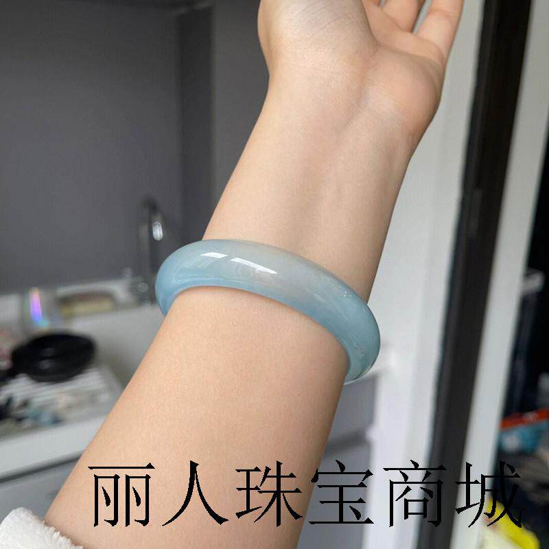 冰种海蓝宝手镯宽版原石打磨蓝水晶镯子女款高端玉石手饰带证书