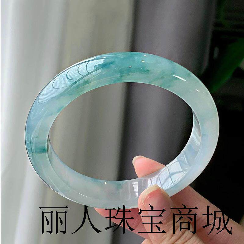 飘花翡翠色玉手镯冰种老坑玉石通透礼品处理女白底飘绿花冰糯种镯