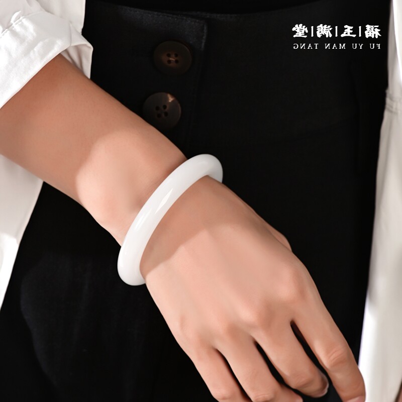 青海料和田玉手镯羊脂级韩料白玉圆条女玉镯子正品胖圆条女款手镯