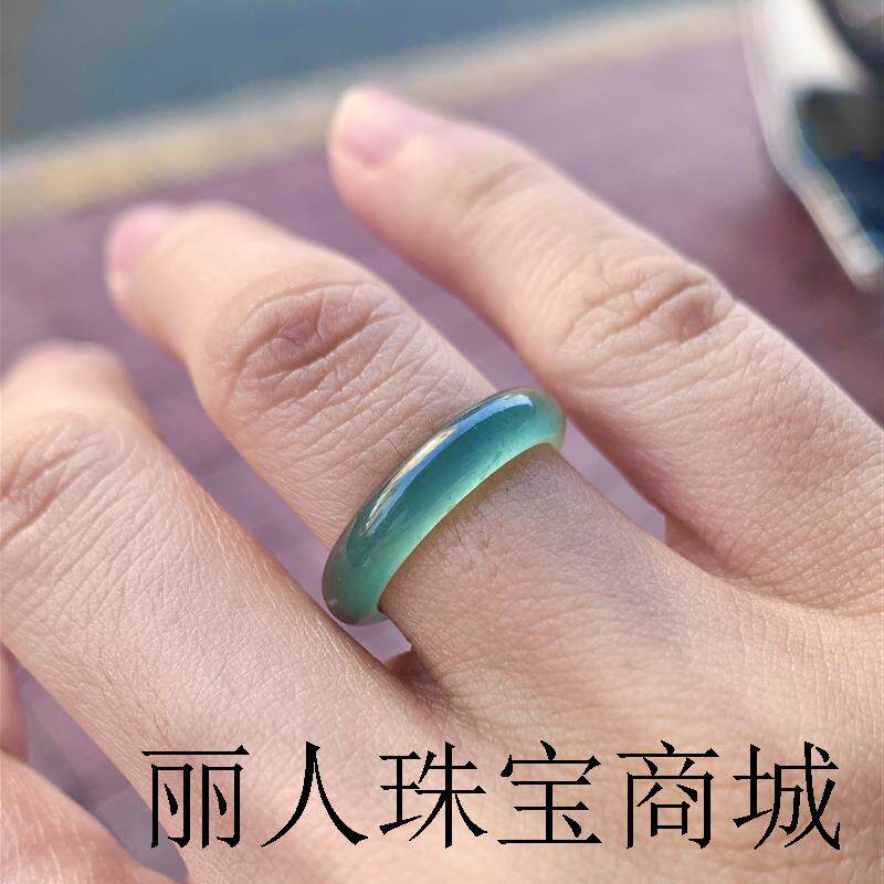 高端翡翠戒圈蓝水冰种指环玉石戒指男女时尚素圈尾戒新品精品扳指