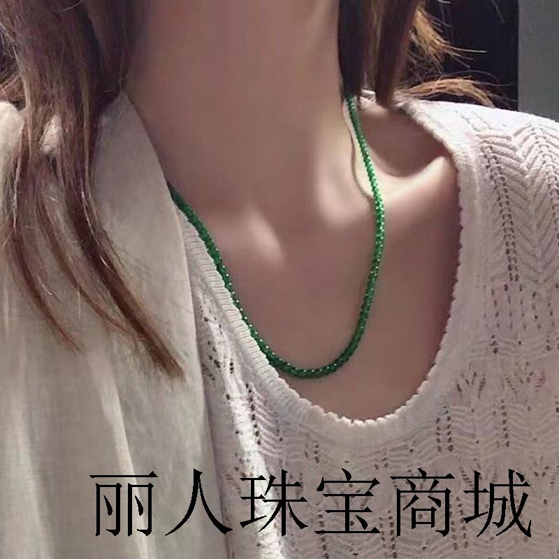 和田玉项链俄罗斯碧玉细小米珠女士锁骨链菠菜绿阳绿果绿珠串证书
