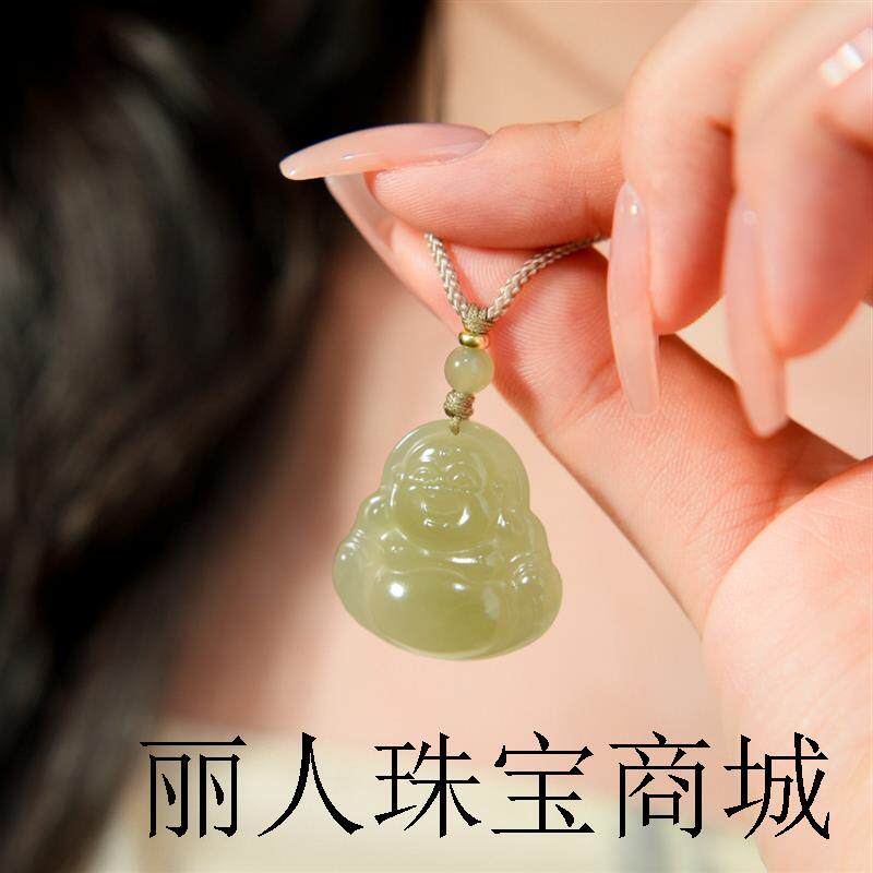晴水新疆和田玉色佛公吊坠弥勒佛大肚佛翡翠毛衣链项链女编织挂绳