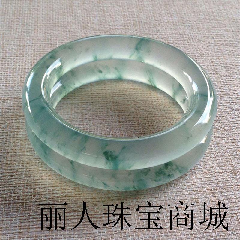 缅甸老坑高端款翡翠色手镯高冰玻璃种满阳绿色飘花圆条玉石手镯子