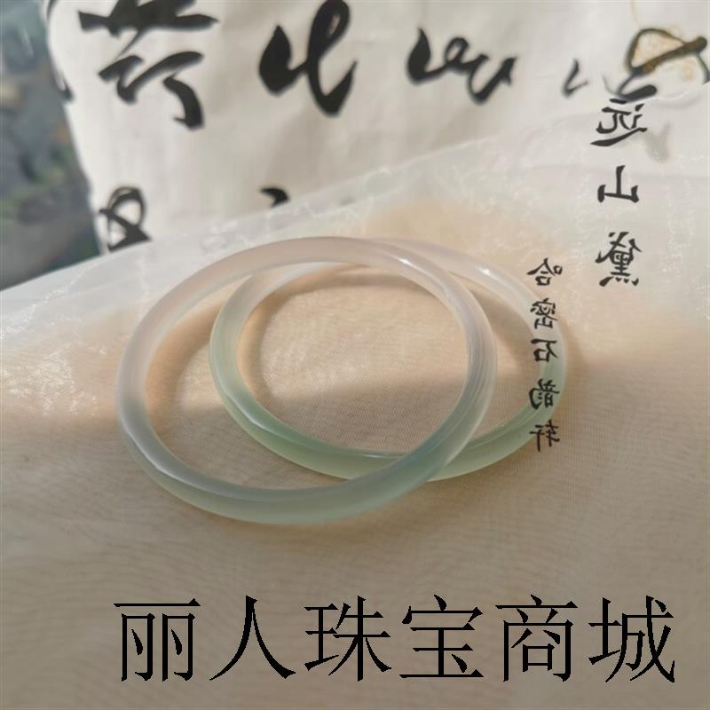 高端玛瑙色美人条圆条正宽青绿冰晴湖水玉髓手镯半山半水气质百搭