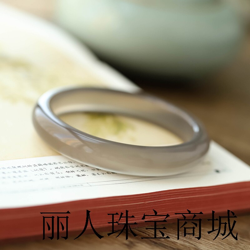 天然烟灰色玛瑙手镯冰种玉髓灰色玉石镯子年轻款正品少女款圆条环