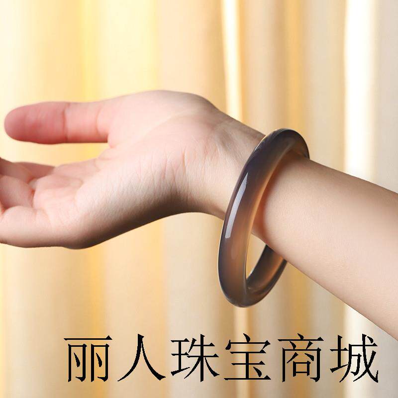 冰灰玛瑙色手镯女款纯高端冰种玉髓玉镯子深灰色原色冰透送女友款