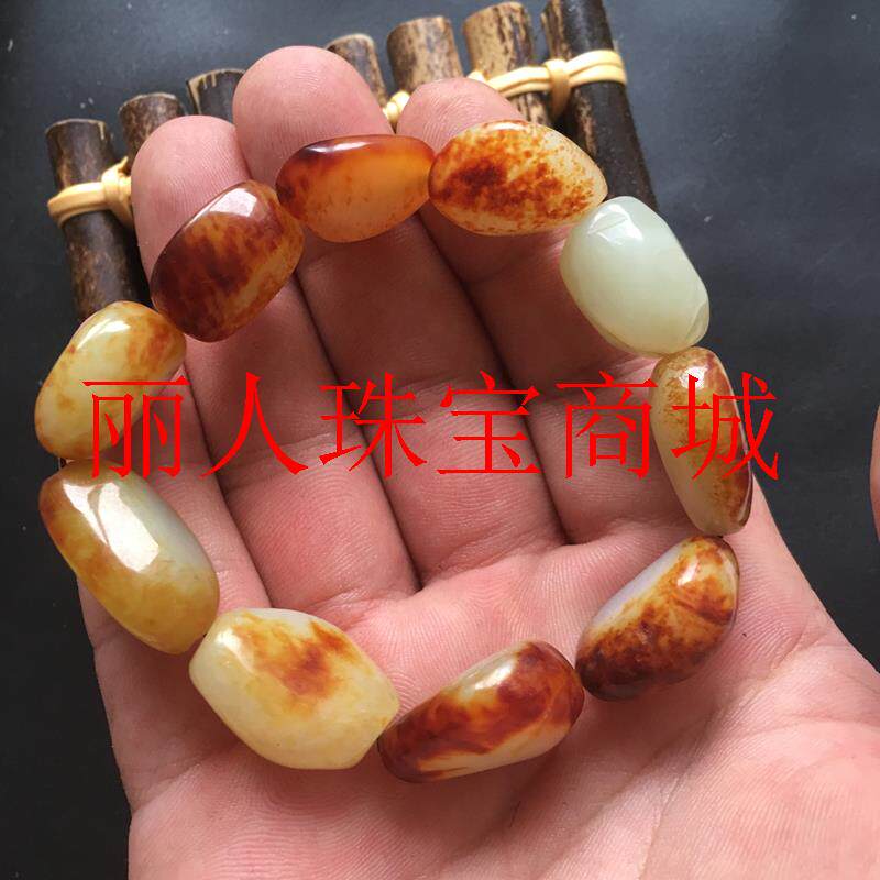 捡漏新疆和田玉籽料手链原石手串白玉带黄皮手链男女同款饰品送人