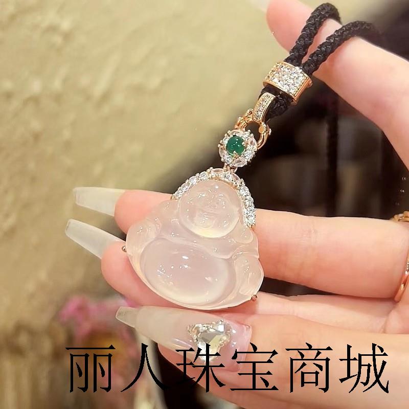 冰种玉髓玛瑙玉石绿珠大肚佛公吊坠项链设计感小众女媲美翡翠百搭