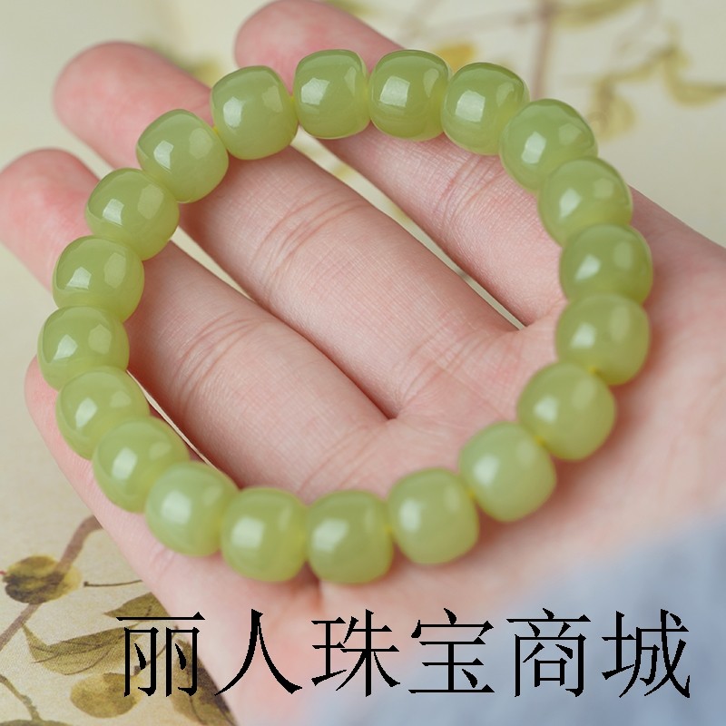 新疆和田玉手链黄口料老型珠手串单圈桶珠男女款珠串富豪学生盘珠