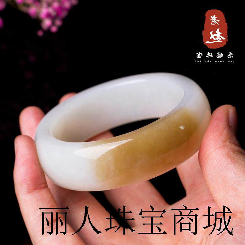 和田玉俄料白玉糖色手镯羊脂白女款老坑料宽条重装俏糖玉镯子证书