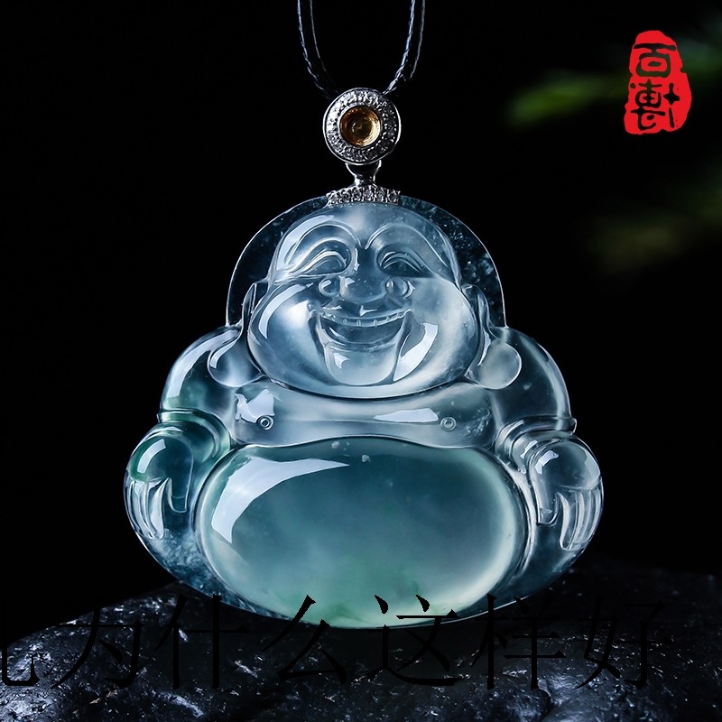 翡翠色高冰种飘绿佛公吊坠玉佛18K金镶玉缅甸玉石精品弥勒佛挂件