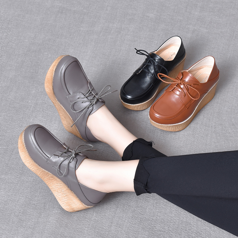 内外全真皮厚底复古鞋2025新款松糕单鞋坡跟高跟休闲牛皮女鞋皮鞋