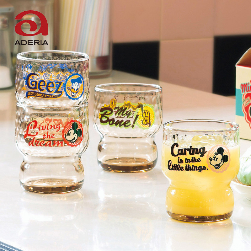 日本进口aderia津轻石冢硝子玻璃杯迪士尼卡通杯米奇奶昔杯酒水杯