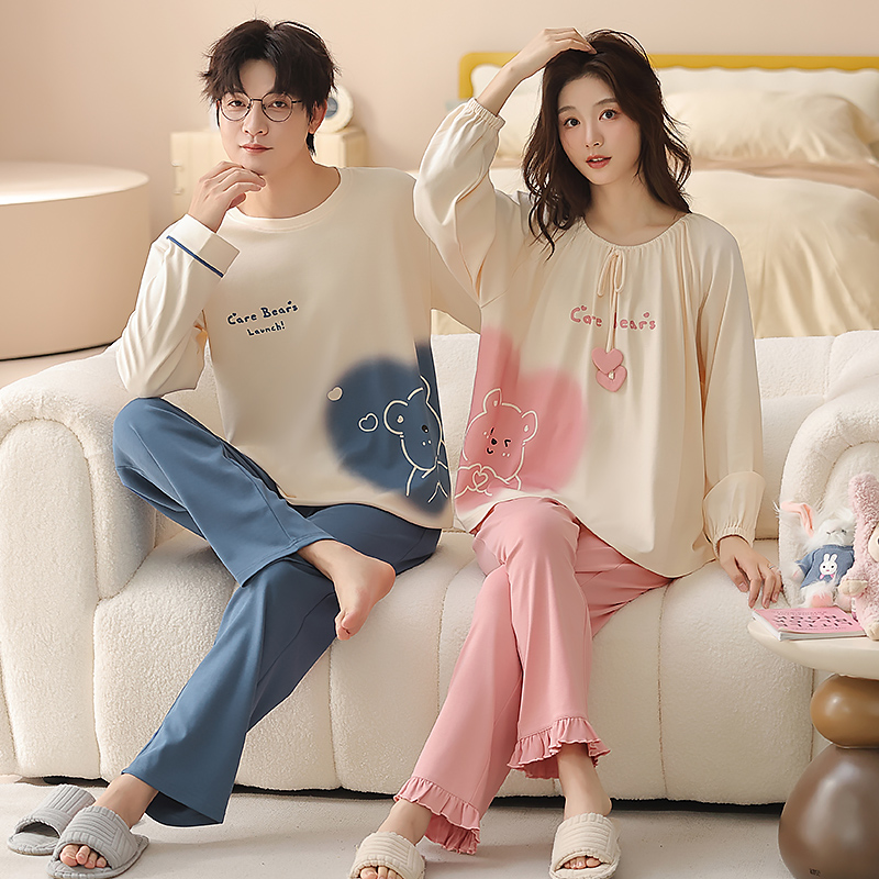 情侣睡衣纯棉长袖可爱甜美套装