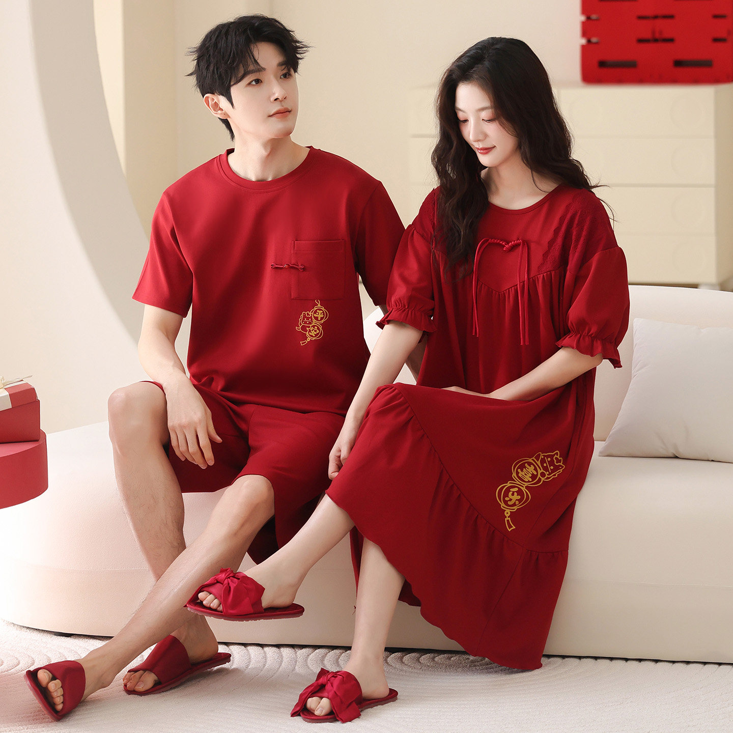 睡衣结婚新婚情侣套装纯棉短袖夏季红色喜庆婚庆本命年家居服睡裙,女士内衣/男士内衣/家居服,睡衣/家居服套装,淘宝优惠券,粉丝福利购,淘宝优惠卷