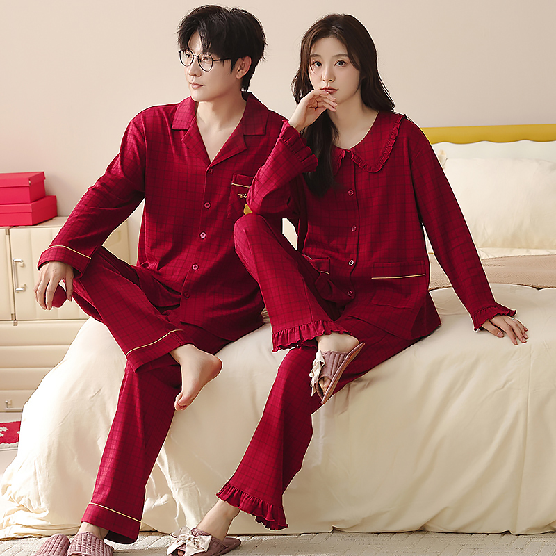 情侣睡衣春秋款纯棉长袖新婚红色大码结婚本命年男女款家居服套装