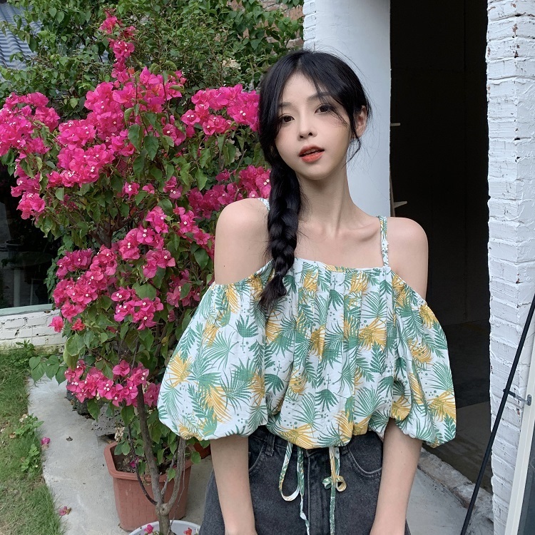 Real shooting and real price careful machine show white foreign style floral shirt with one neck sling and off shoulder bubble sleeve shirt