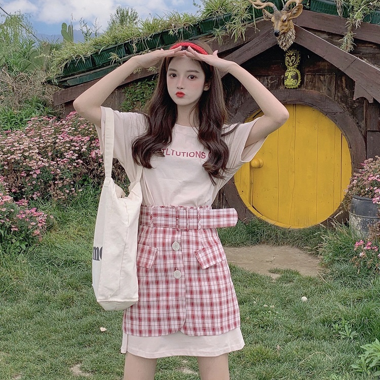 Real photo Korean loose print long t dress single breasted Plaid apron two piece set with belt