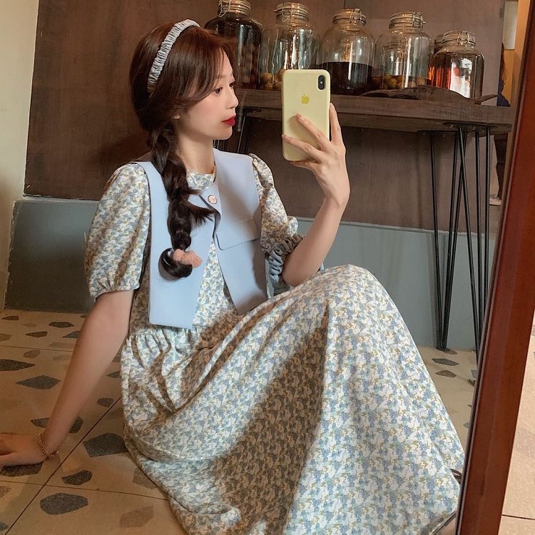 Real price Korean sweet fragmentary flower medium length dress with thin short sleeves