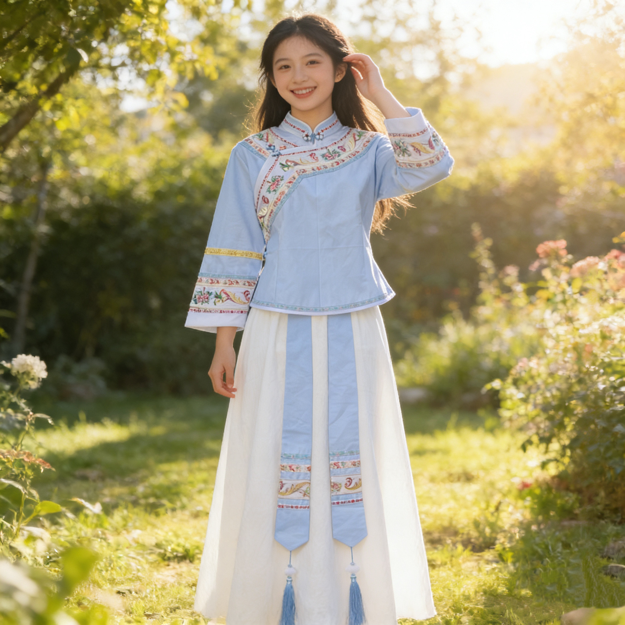 贵州少数民族布依族壮族服装服饰套装浅蓝衣服土布休闲套装女