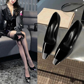 2025春夏新款 少女职业单鞋 朴彩英黑色漆皮高跟鞋 细跟气质方头法式
