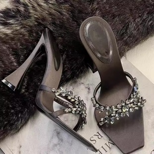 杨树林方头绝美高跟鞋凉拖新款水钻一字带凉鞋女粗跟露趾拖鞋半拖