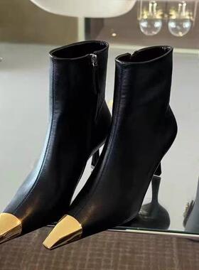 杨树林同款金属铁头短靴女黑色性感细跟时装靴百搭侧拉链高跟靴子