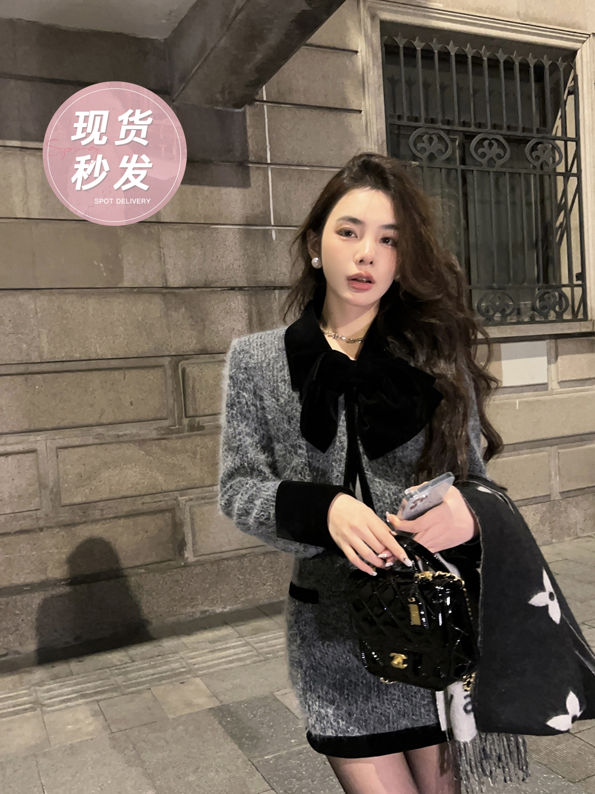 邱肉瑶 甜辣小香套装女2023新款高级感毛呢短外套半身裙女两件套