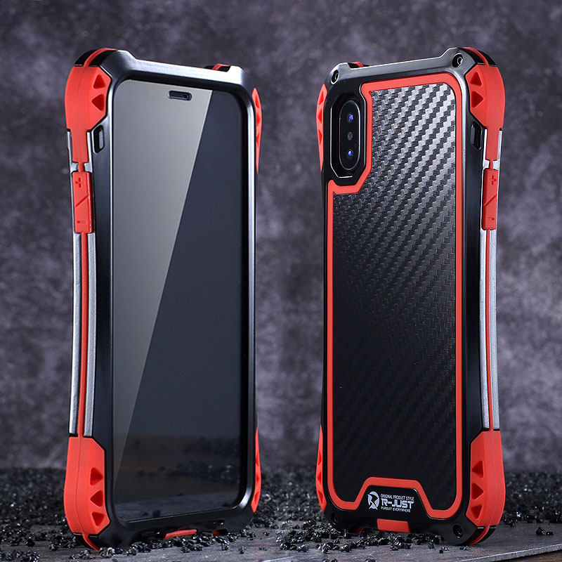 R-Just Amira Heavy Duty Dirtproof Shockproof Rainproof Aluminum Metal Bumper Carbon Fiber Back Cover Case for Apple iPhone X