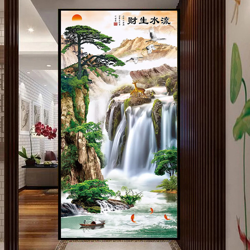 5d钻石画满钻2025新款流水生财点钻十字绣客厅玄关竖版山水钻石绣