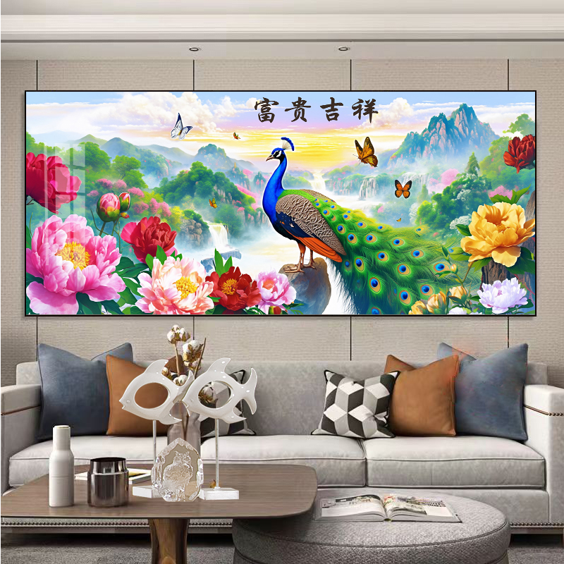 十字绣富贵吉祥孔雀牡丹花大幅中式钻石画新款线绣客厅简约现代