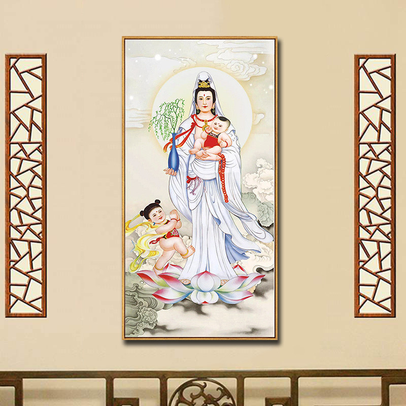 202送子观音画十字绣简约现代玄关走廊手工自己线绣人物佛像竖版
