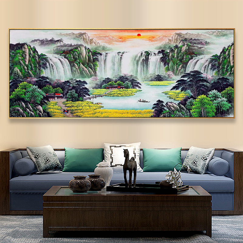 钻石画满钻新款客厅大幅现代山水画风景流水生财聚宝盆十字绣点钻