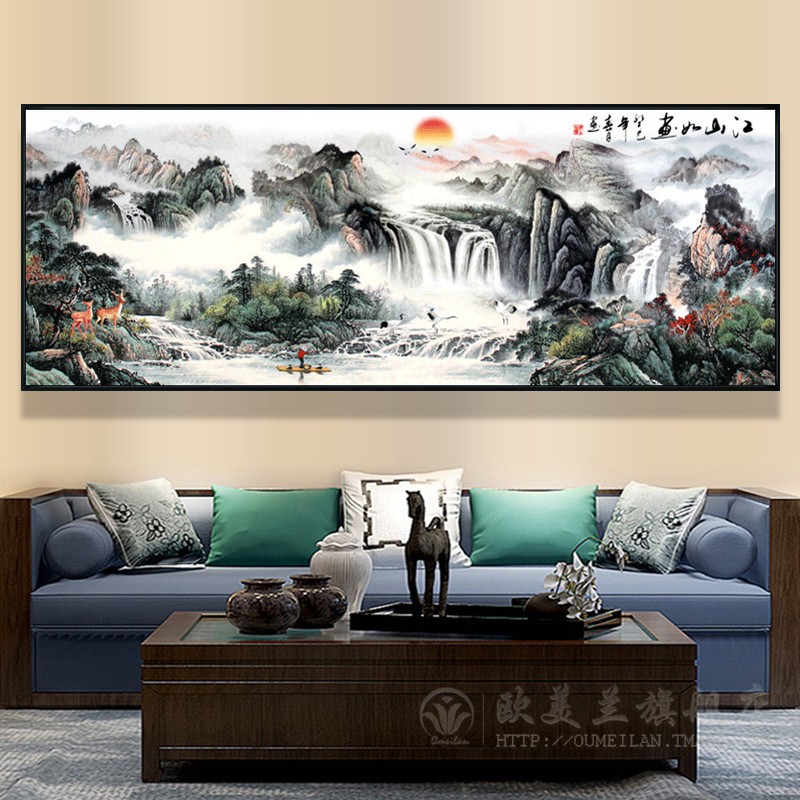 江山如画十字绣山水靠山满绣现代