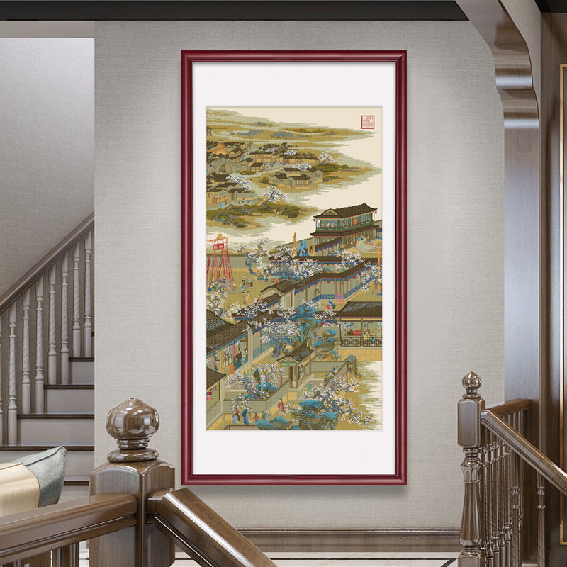 雍正十二月行乐图腊月赏雪古典名画十字绣线绣版中国风山水楼阁图