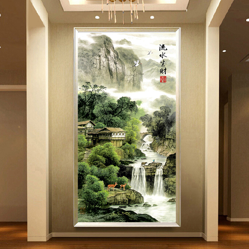 精准印花3D十字绣客厅流水生财竖版玄关山水画中国风唯美风景绣花