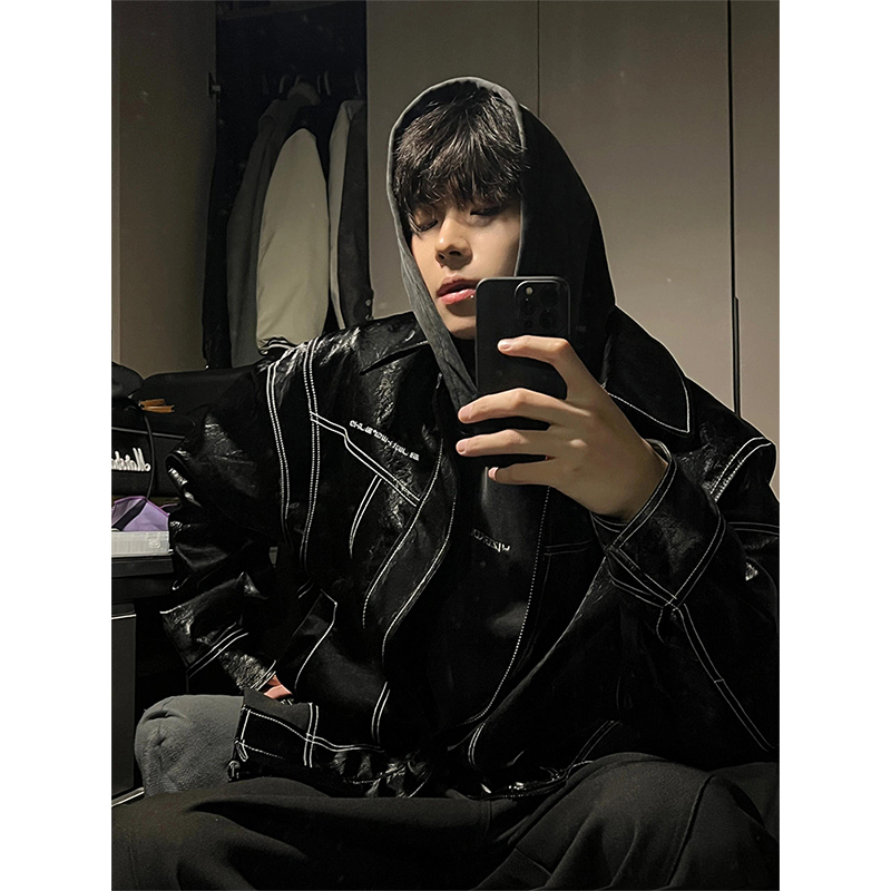 原创设计黑色皮衣外套男春秋美式hiphop赛车机车服痞帅高级感夹克