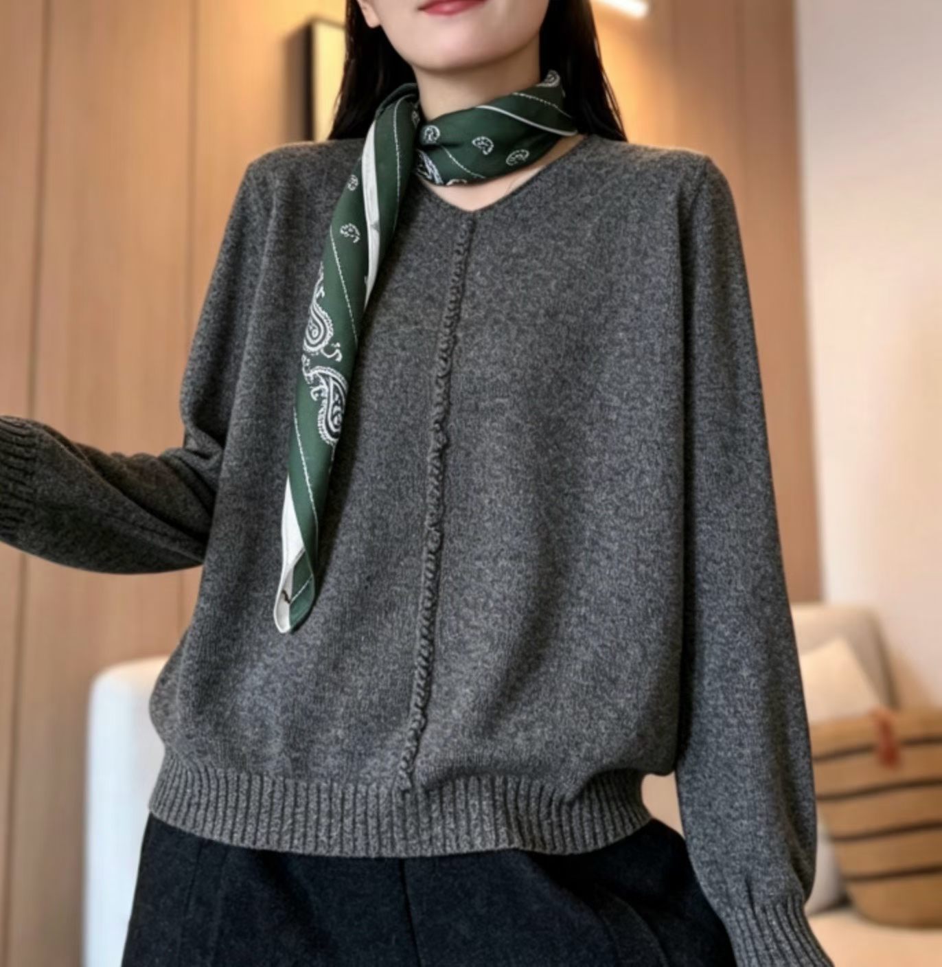 胖子女装秋新款女装简约圆领长袖针织衫女宽松麻棉套头毛衣大版