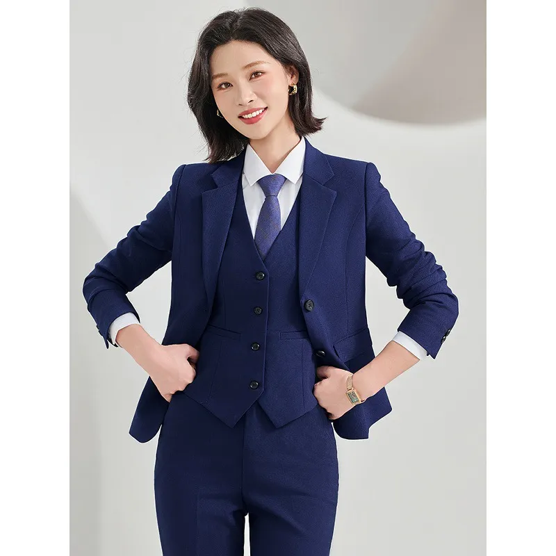 高级感男女西装套装宝蓝黑色弹力免烫银行工作服面试西服正装