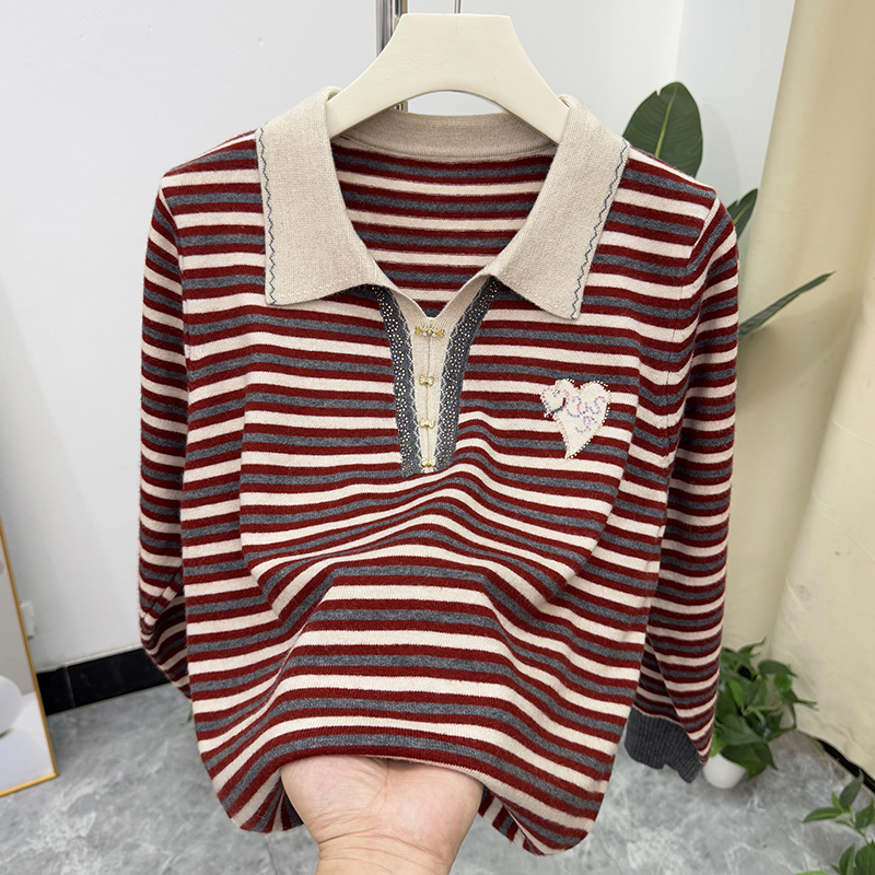 时尚条纹妈妈秋装翻领针织上衣女