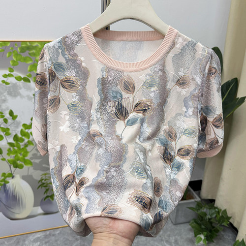 冰丝妈妈夏装圆领透气短袖T恤衫