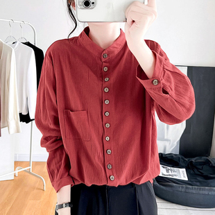韩版 立领棉麻长袖 2024春夏季 女装 潮流复古上衣通勤设计感宽松 衬衫